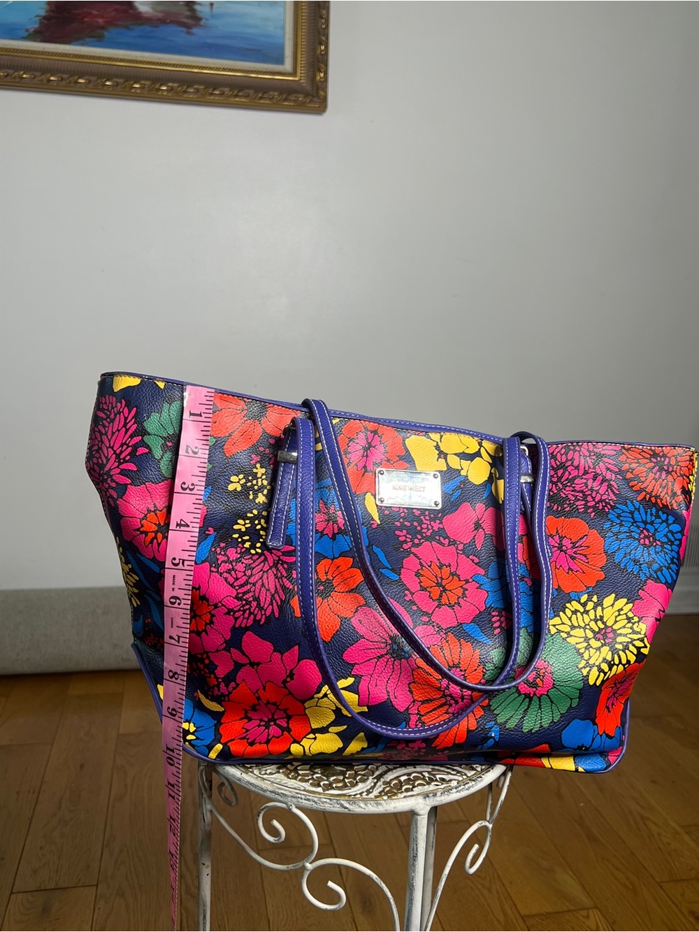 Nine West Navy Floral Tote with Bright Multicolor Blooms - Picture 6 of 10